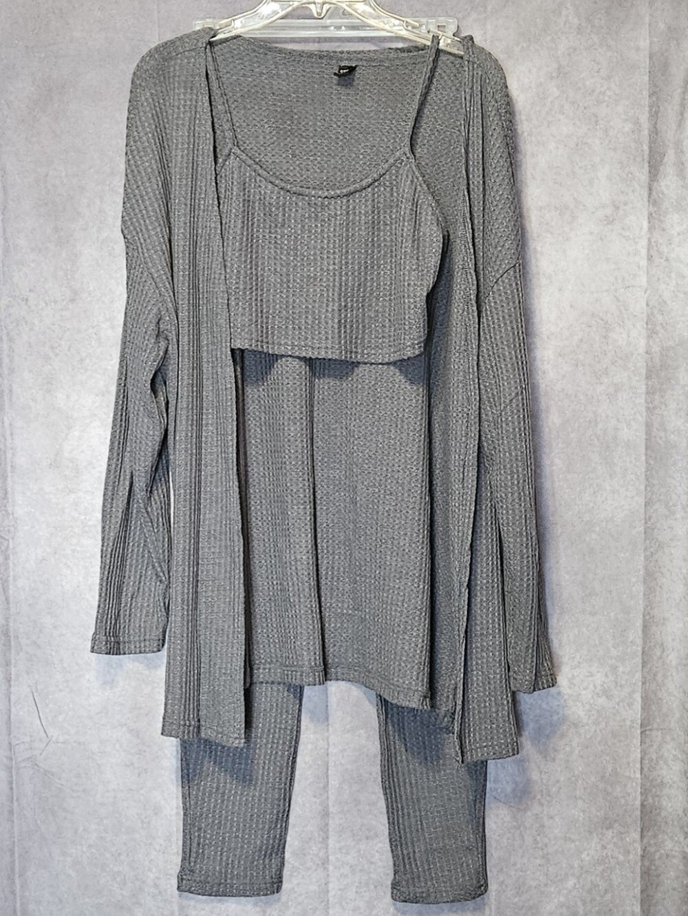SHEIN 3 Piece Loungewear Set Gray Waffle Knit Crop Top Cardigan Leggings